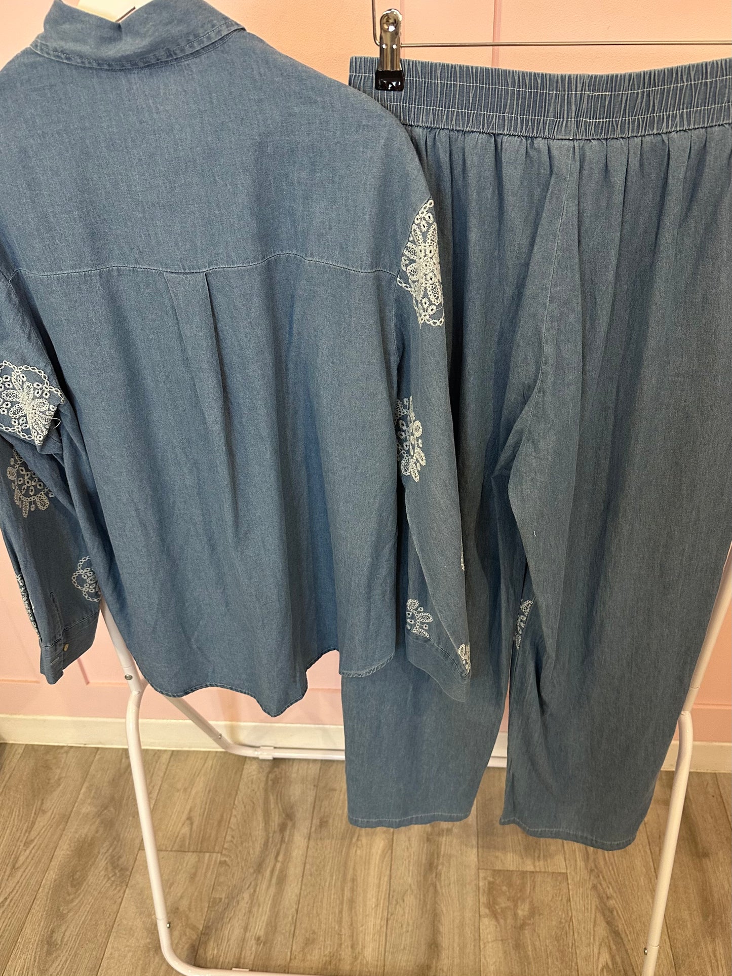 DENIM LOOK CO-ORD WITH WHITE EMBROIDERY