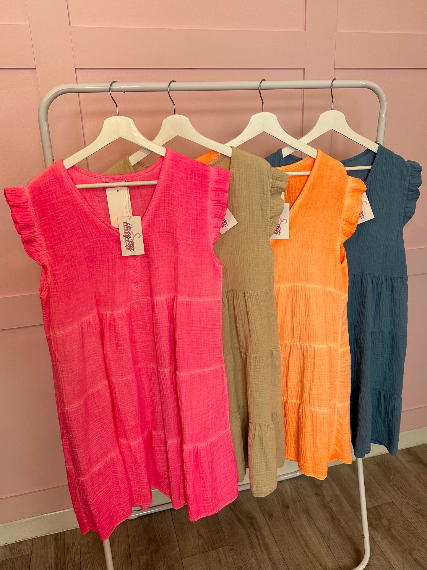 CHEESECLOTH V NECK RUFFLE SLEEVE DRESS