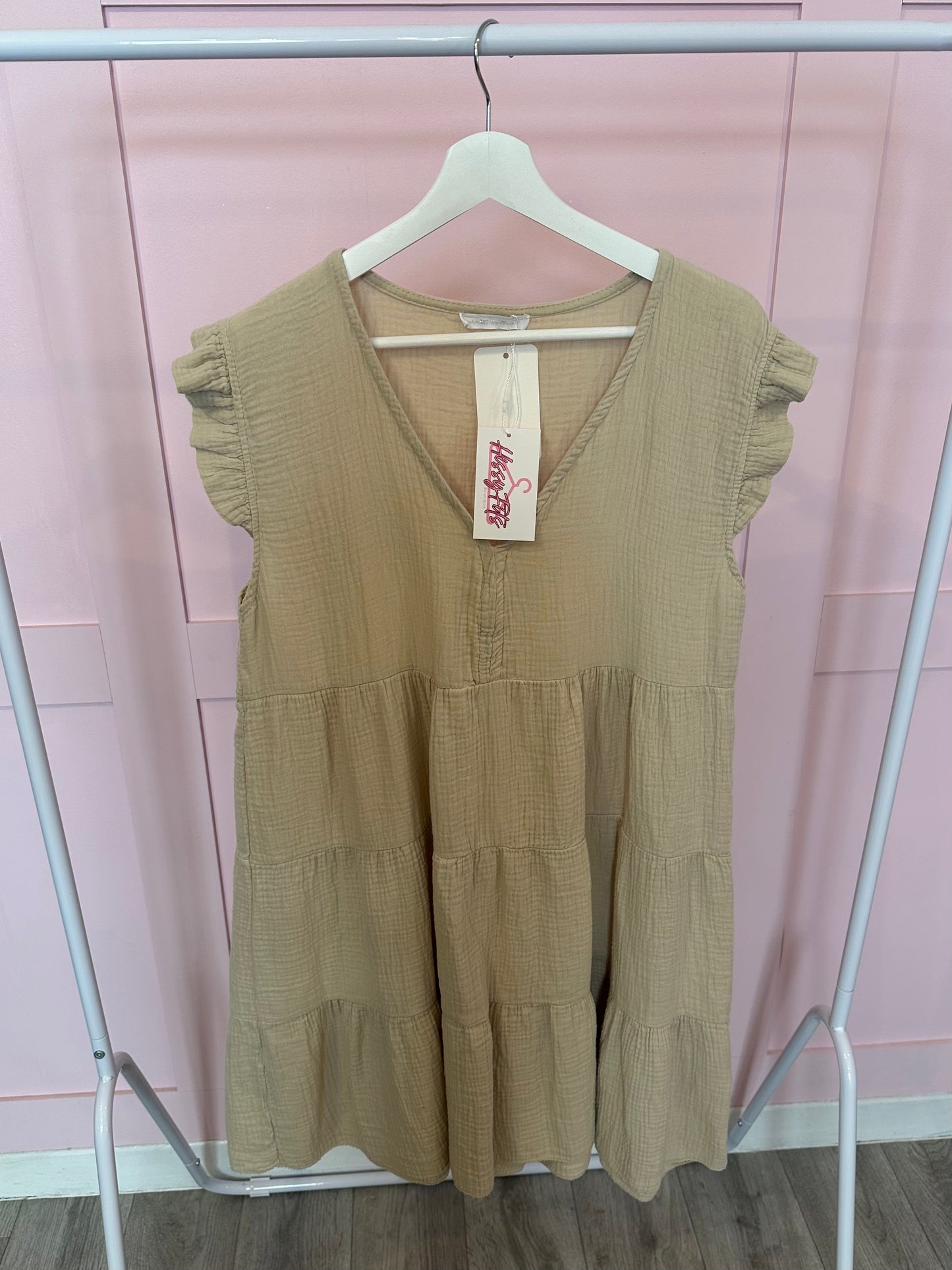 CHEESECLOTH V NECK RUFFLE SLEEVE DRESS