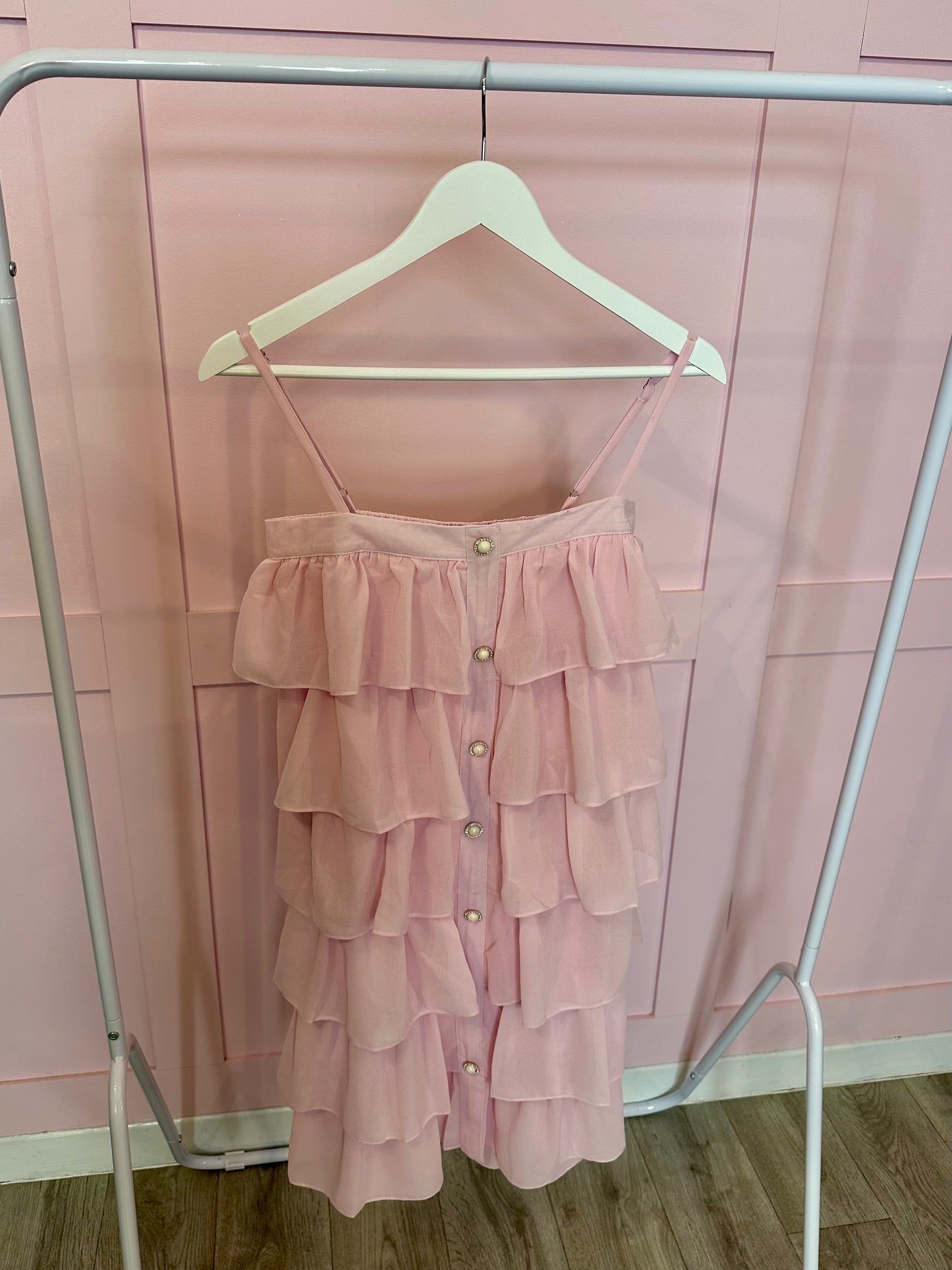 TIERED RUFFLE DRESS WITH PEARL/DIAMANTE 'BUTTON' DETAIL
