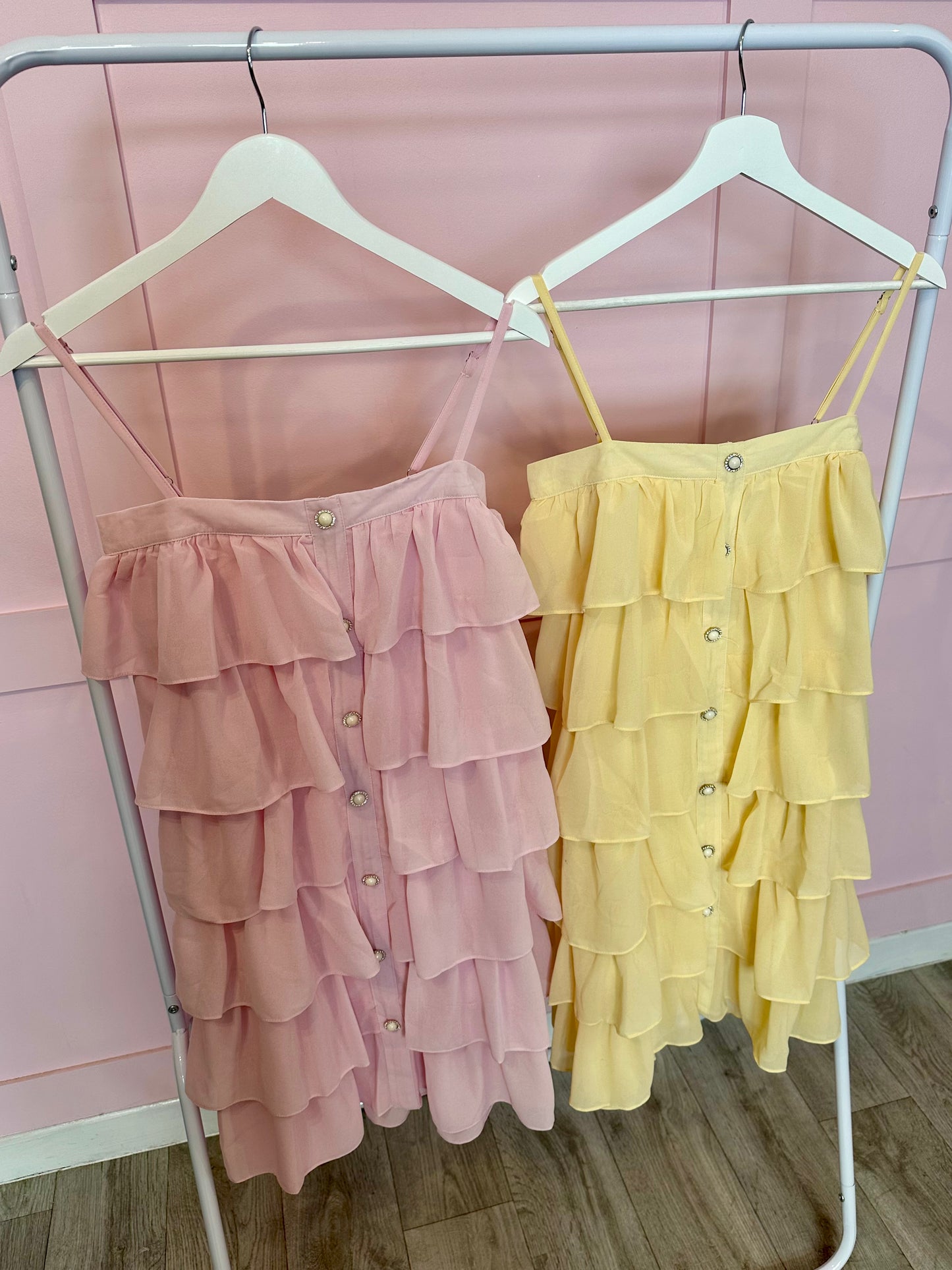 TIERED RUFFLE DRESS WITH PEARL/DIAMANTE 'BUTTON' DETAIL