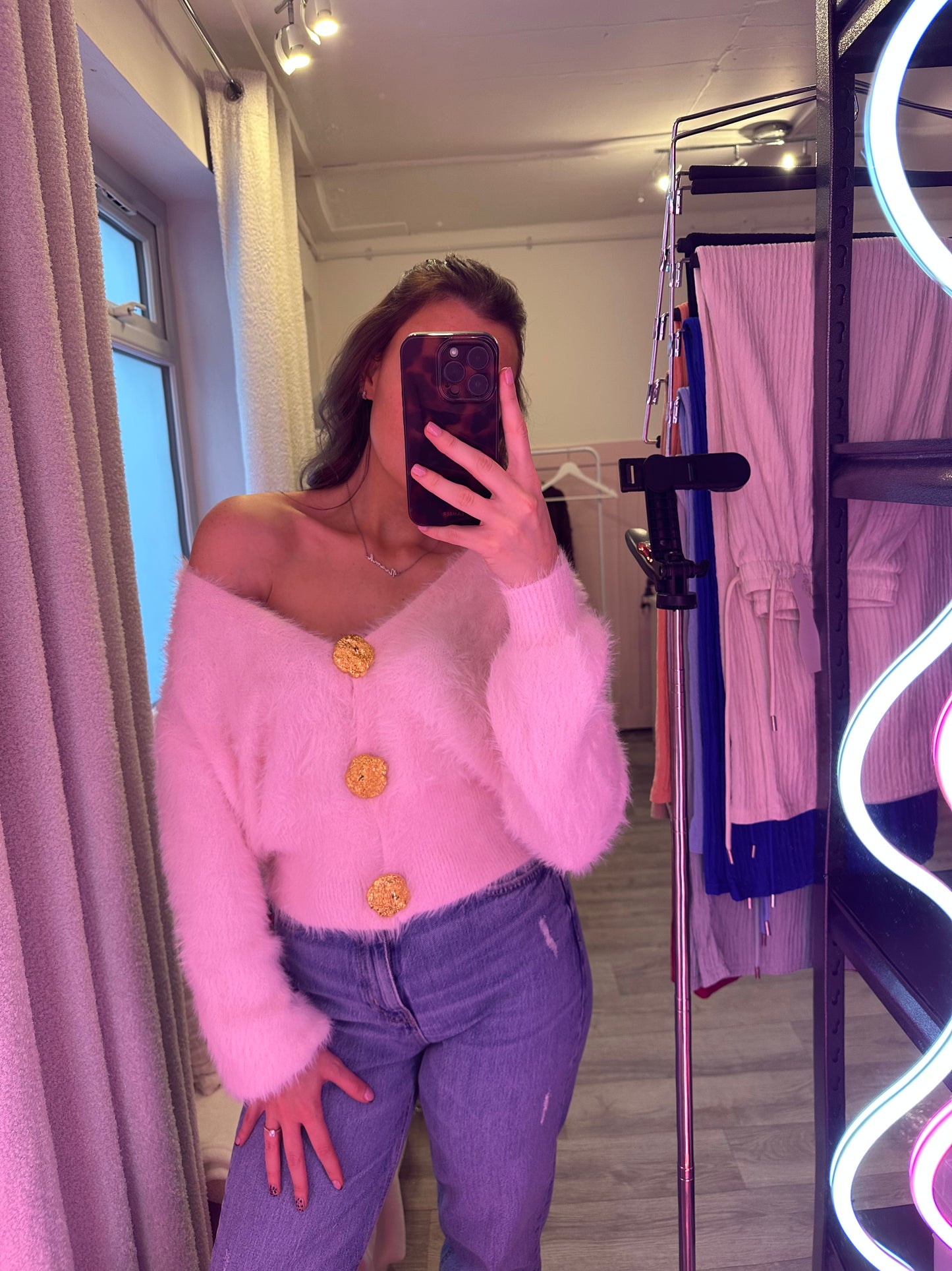 FLUFFY GOLD BUTTON CARDIGAN