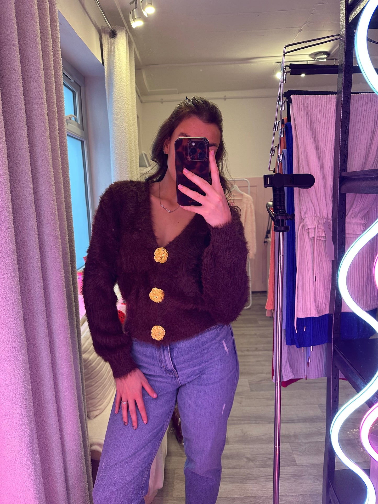 FLUFFY GOLD BUTTON CARDIGAN