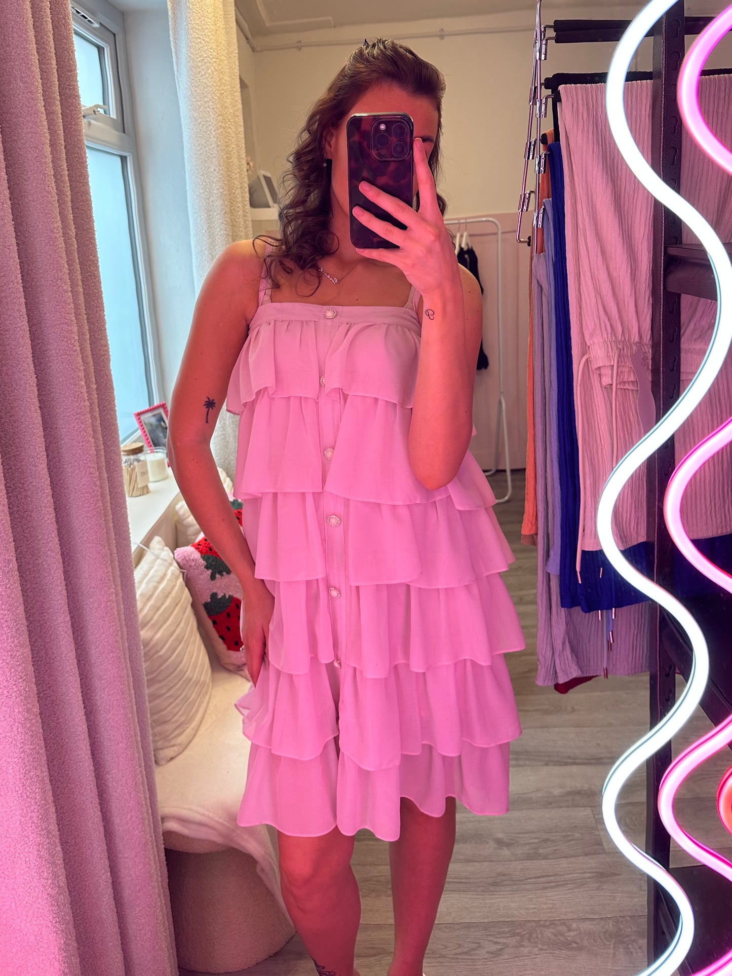 TIERED RUFFLE DRESS WITH PEARL/DIAMANTE 'BUTTON' DETAIL