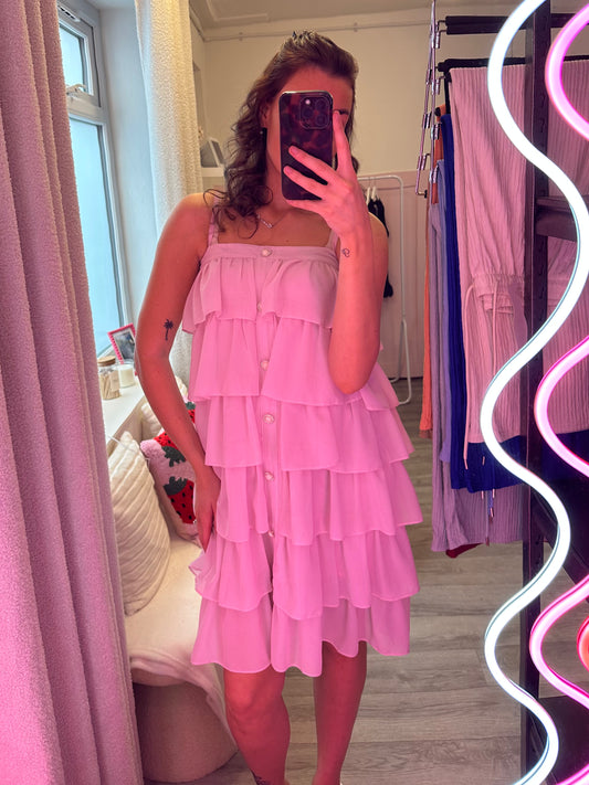 TIERED RUFFLE DRESS WITH PEARL/DIAMANTE 'BUTTON' DETAIL