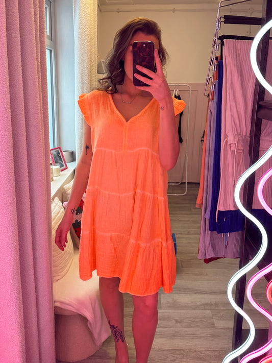 CHEESECLOTH V NECK RUFFLE SLEEVE DRESS