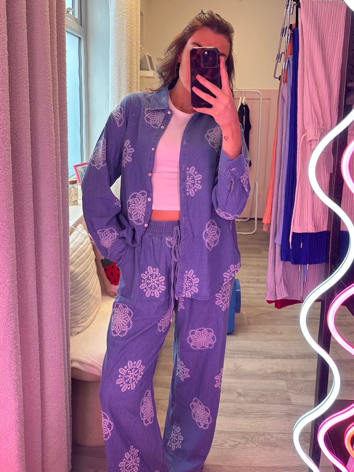 DENIM LOOK CO-ORD WITH WHITE EMBROIDERY