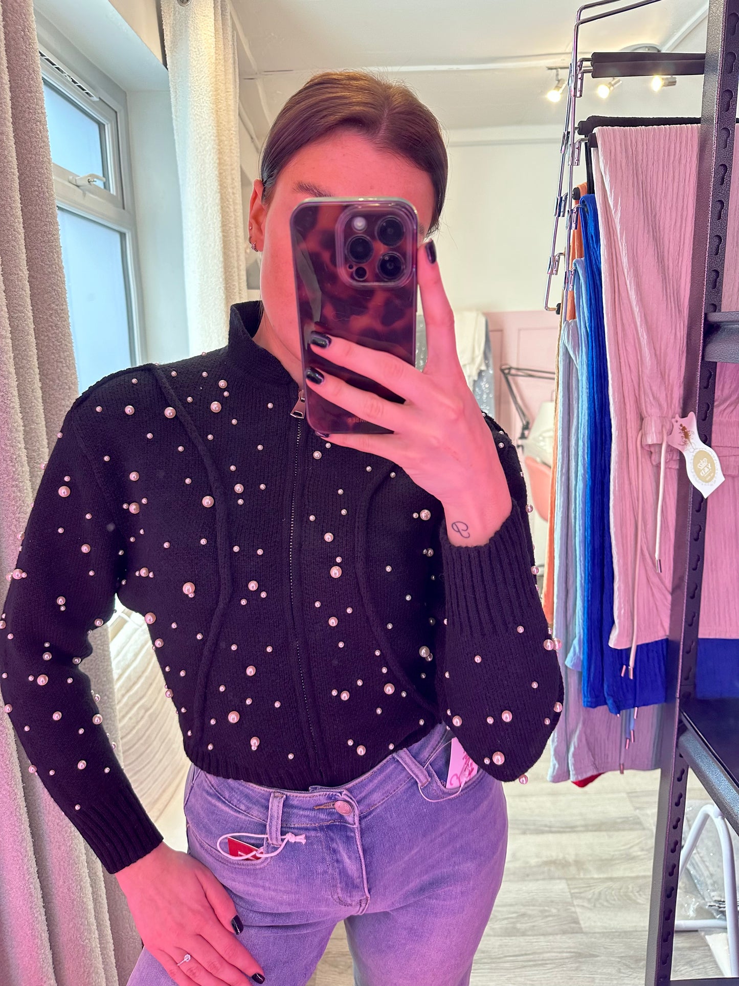 PEARL EMBELLISHED ZIP UP CARDIGAN