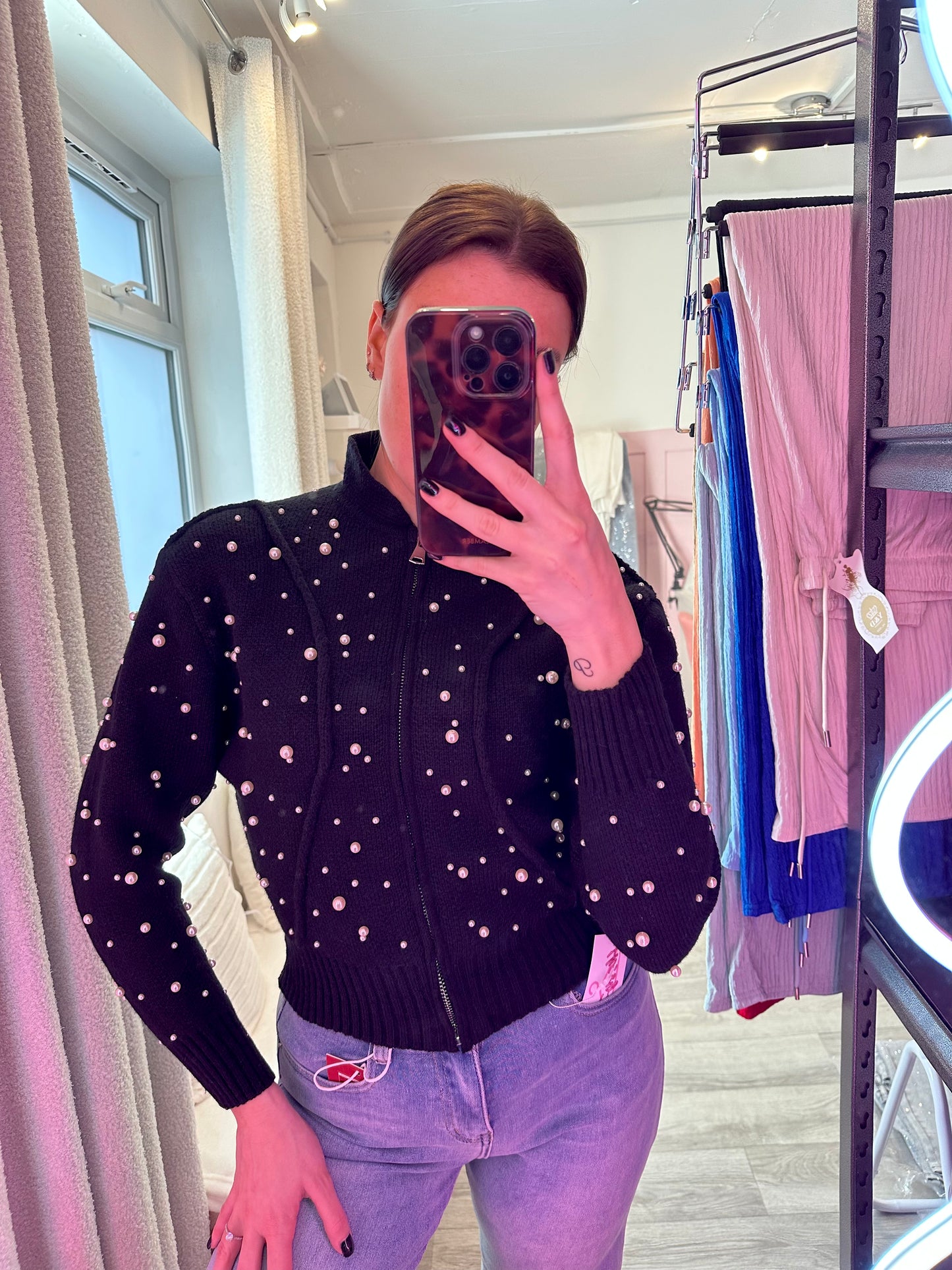 PEARL EMBELLISHED ZIP UP CARDIGAN