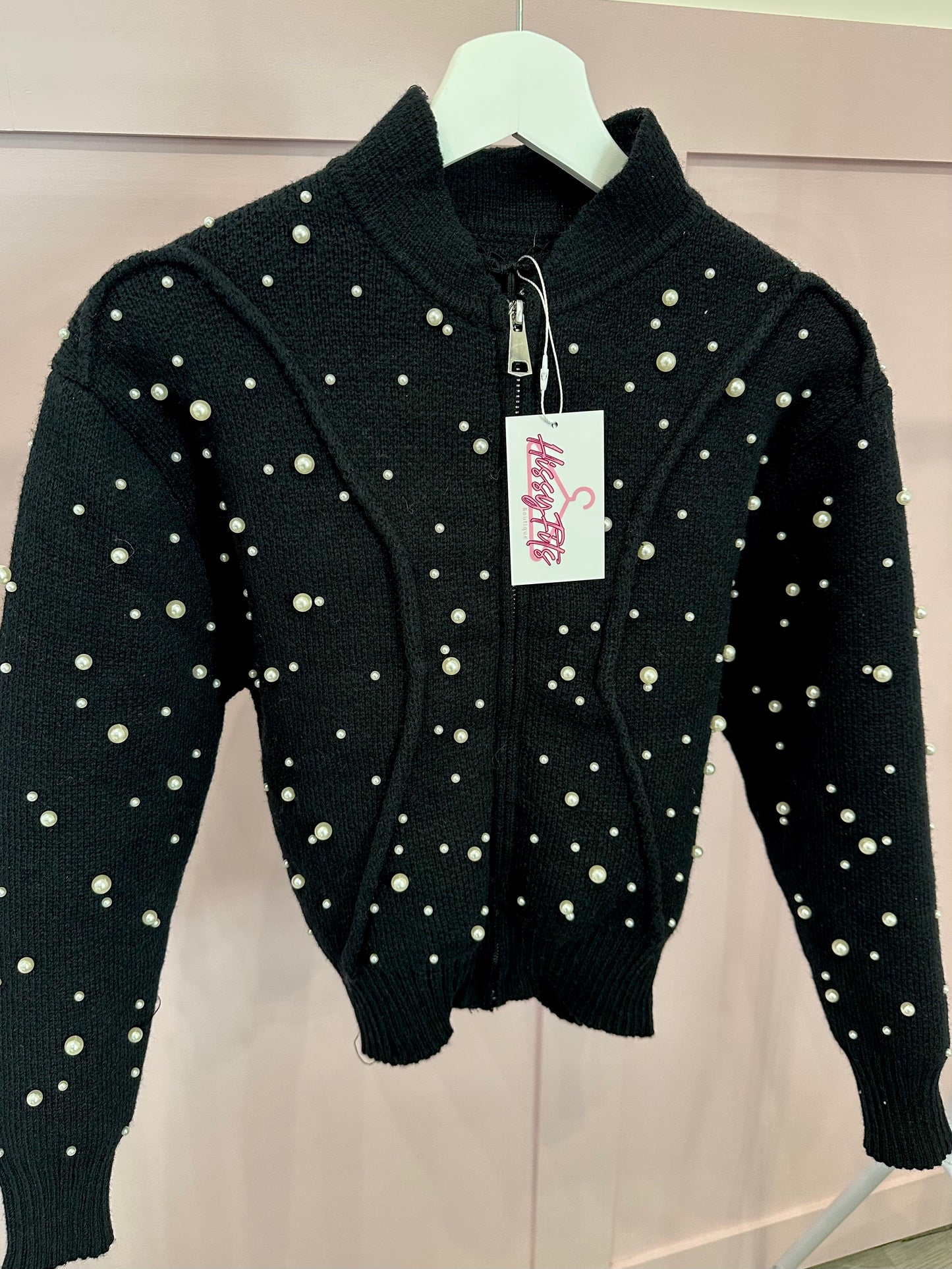 PEARL EMBELLISHED ZIP UP CARDIGAN