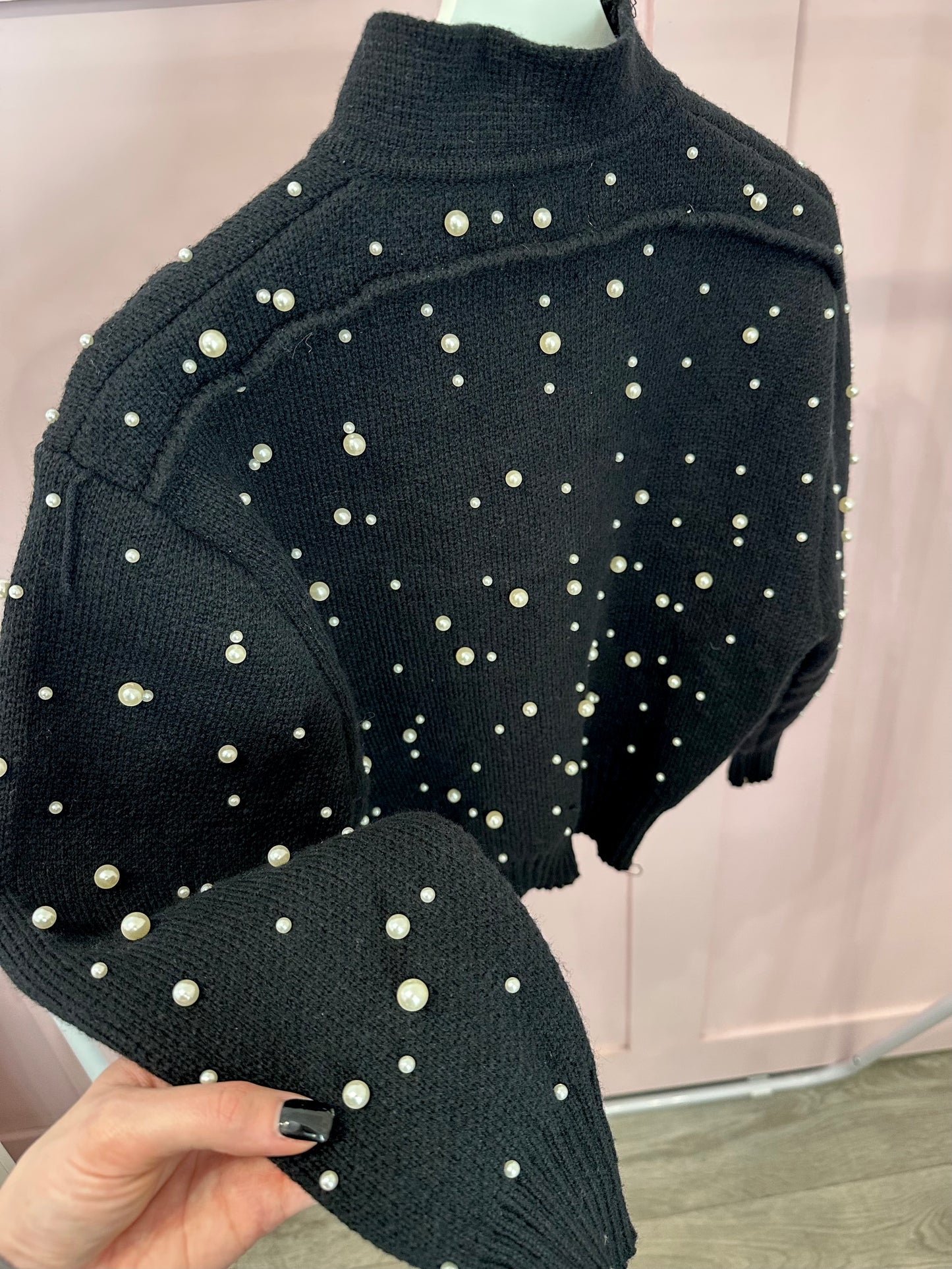 PEARL EMBELLISHED ZIP UP CARDIGAN