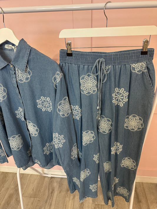 DENIM LOOK CO-ORD WITH WHITE EMBROIDERY