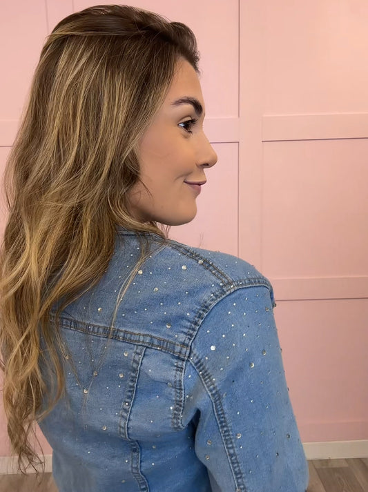 CROPPED DIAMANTÉ DETAIL DENIM JACKET