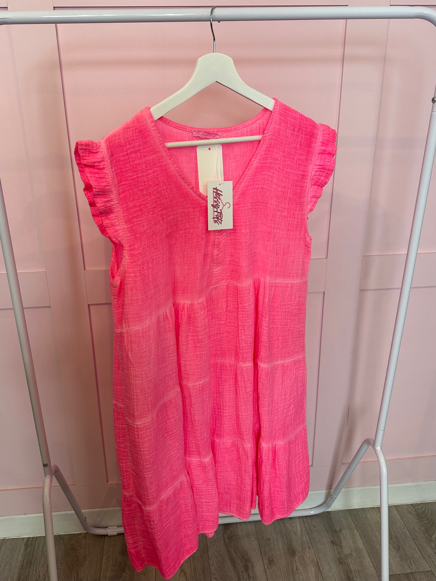CHEESECLOTH V NECK RUFFLE SLEEVE DRESS