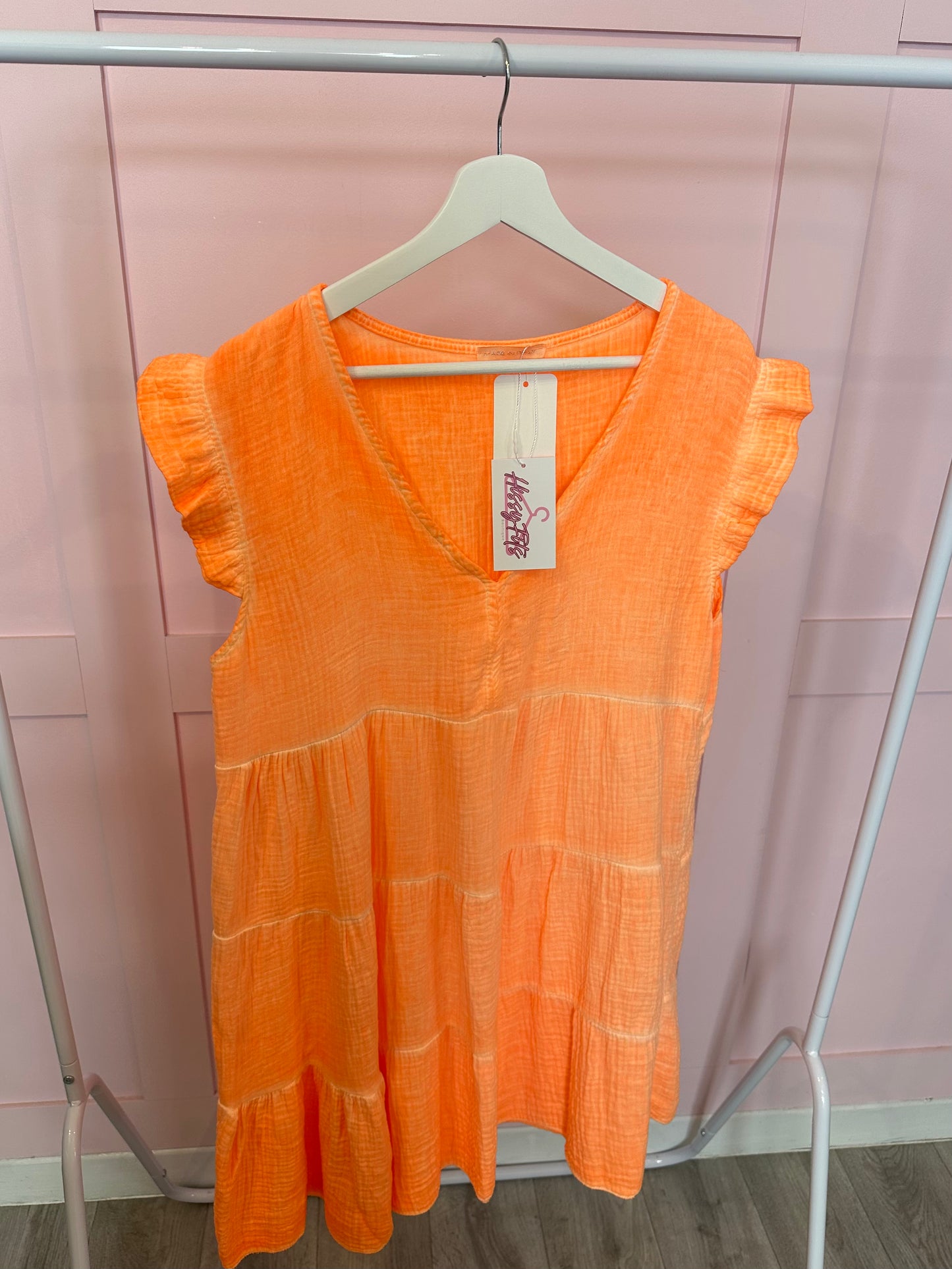 CHEESECLOTH V NECK RUFFLE SLEEVE DRESS