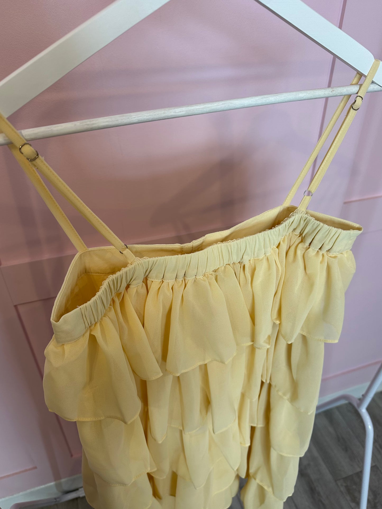 TIERED RUFFLE DRESS WITH PEARL/DIAMANTE 'BUTTON' DETAIL