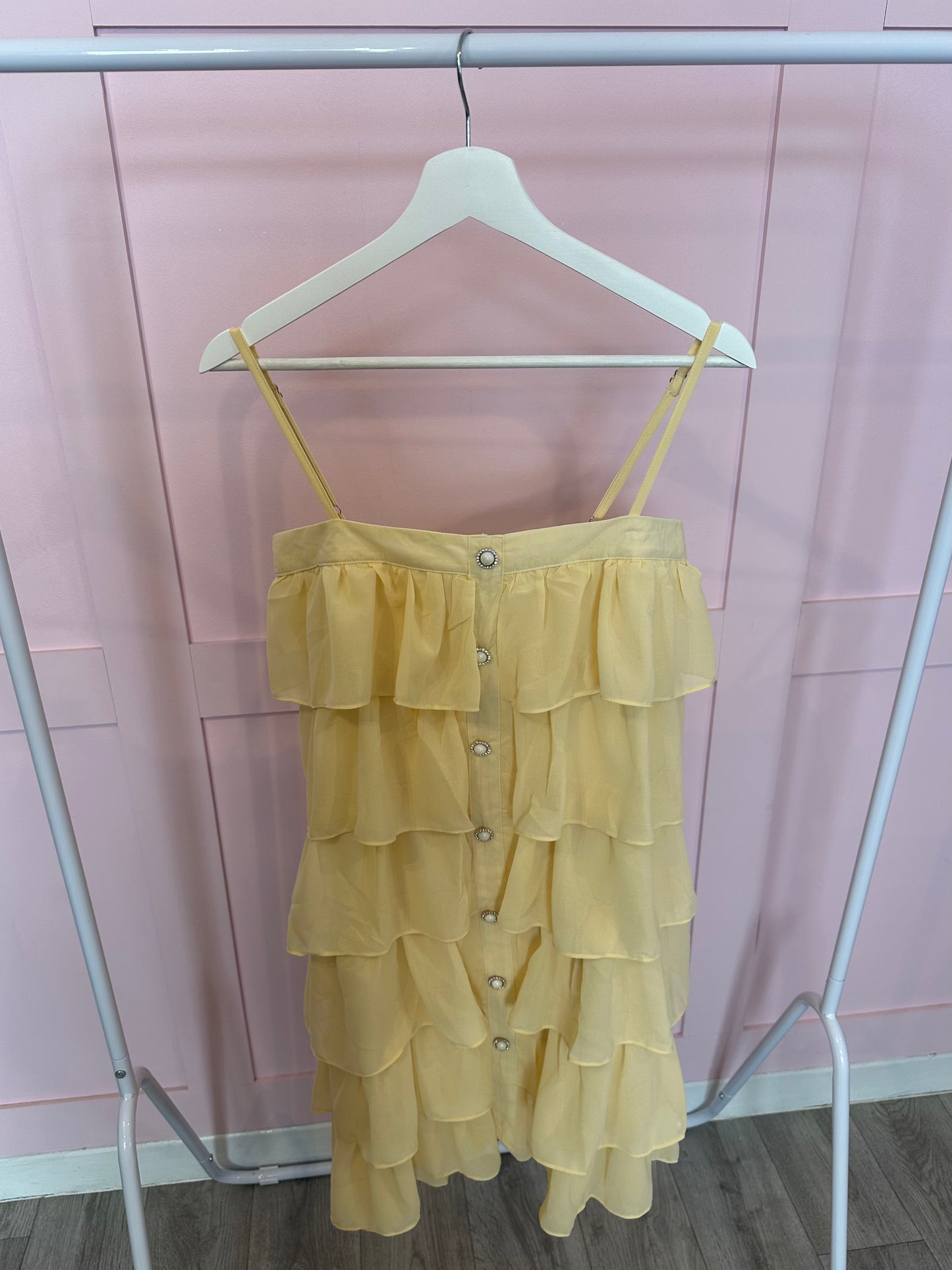 TIERED RUFFLE DRESS WITH PEARL/DIAMANTE 'BUTTON' DETAIL
